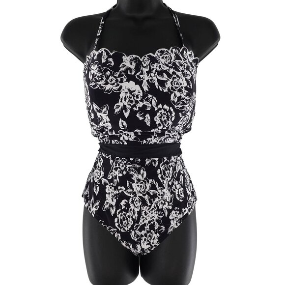 XL Sea Angel One Piece Swim Suit Black White Floral - Picture 1 of 8